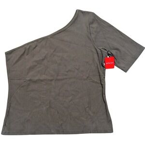 SPANX Plus Size 1X One Shoulder Ribbed Top Asymmetrical Shirt Olive Green NWT